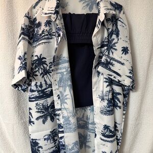 Men's Blue and White Casual Button Down Shirt